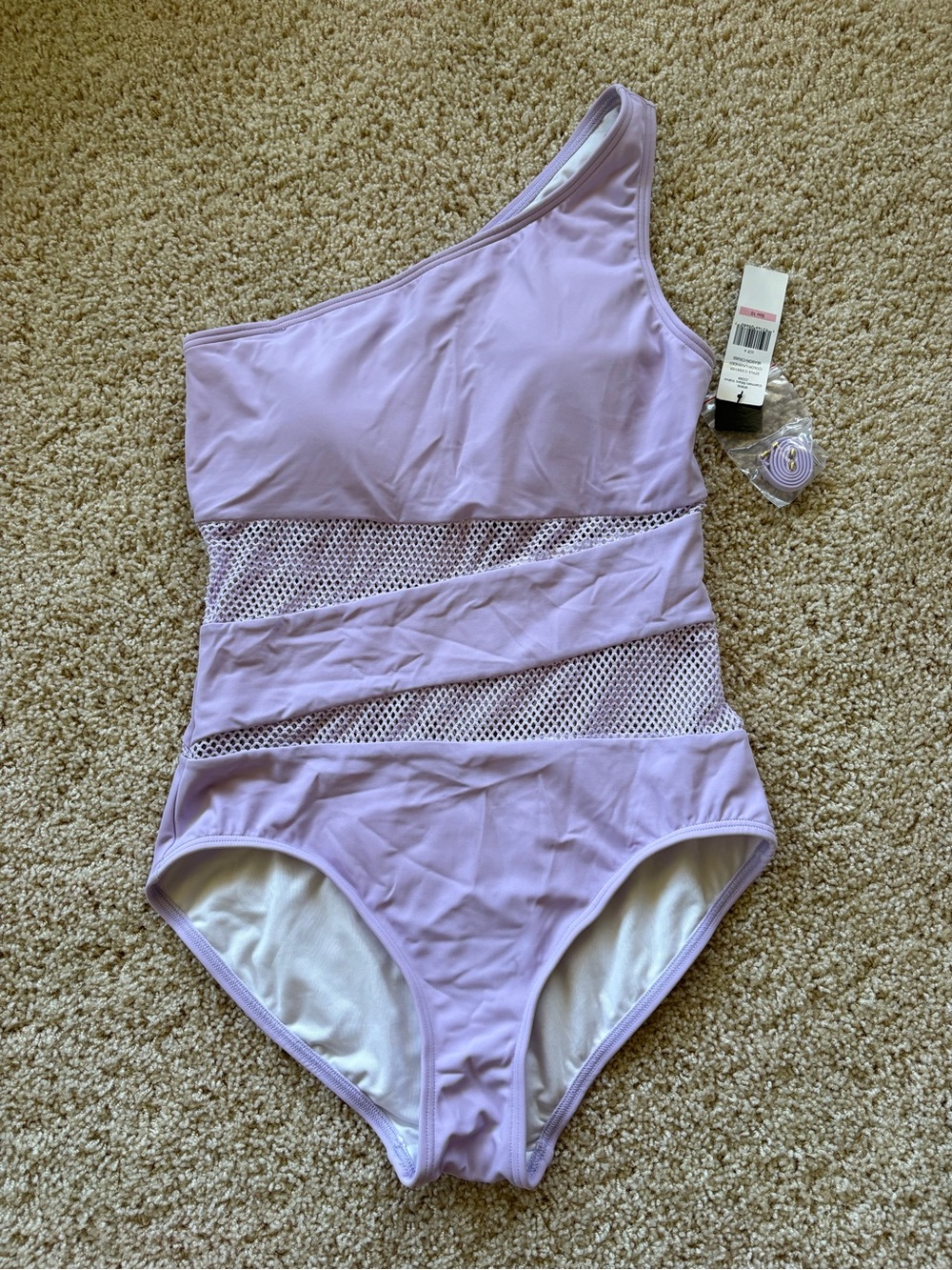 Carmen Marc Valvo One Shoulder Mesh Cutout One Piece Swimsuit Lavender 10
